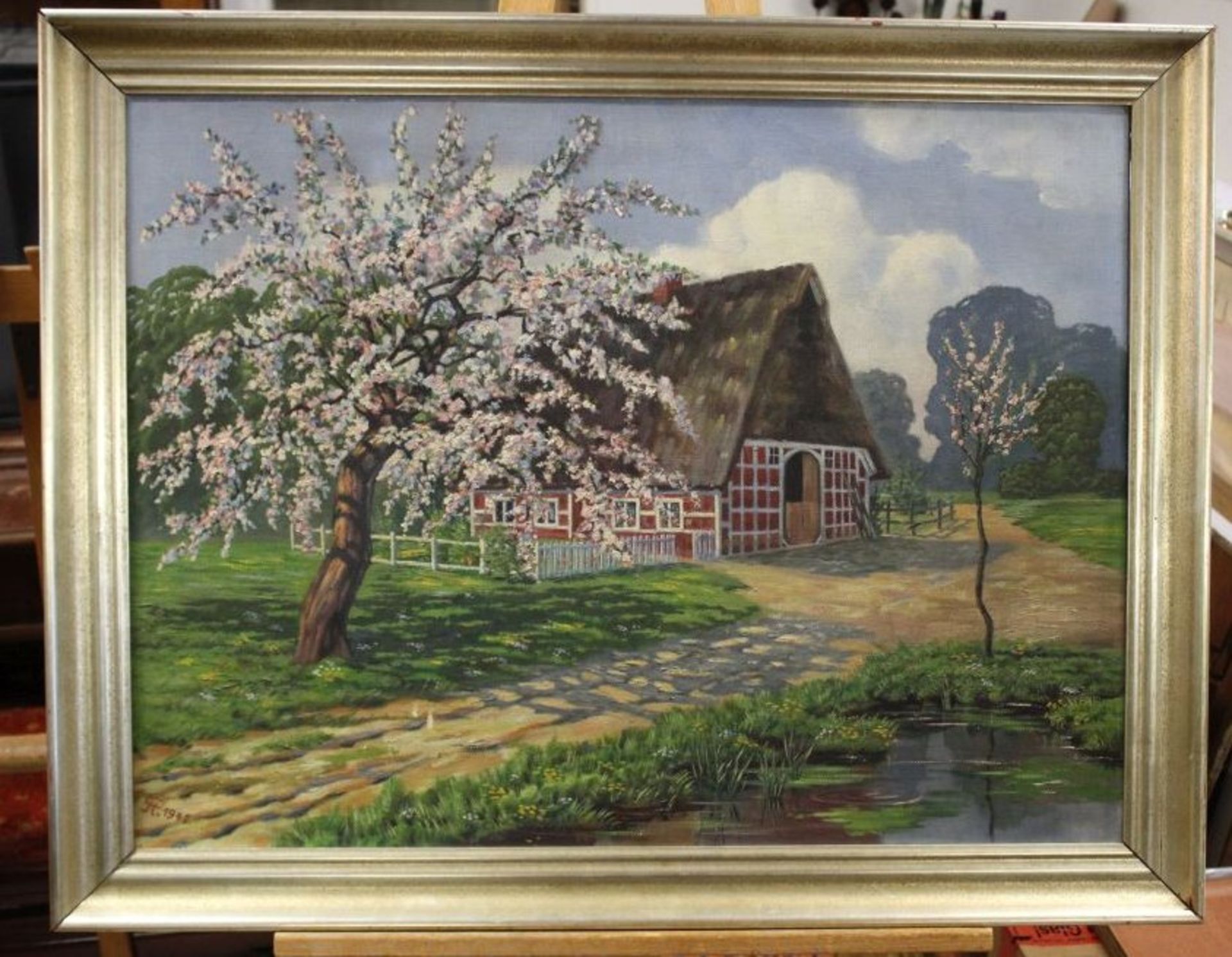 Monogrammist 1941, Gehöft, Öl/Leinwand, restaurierungs bedürftig, gerahmt, RG 73 x 91cm - Bild 3 aus 4