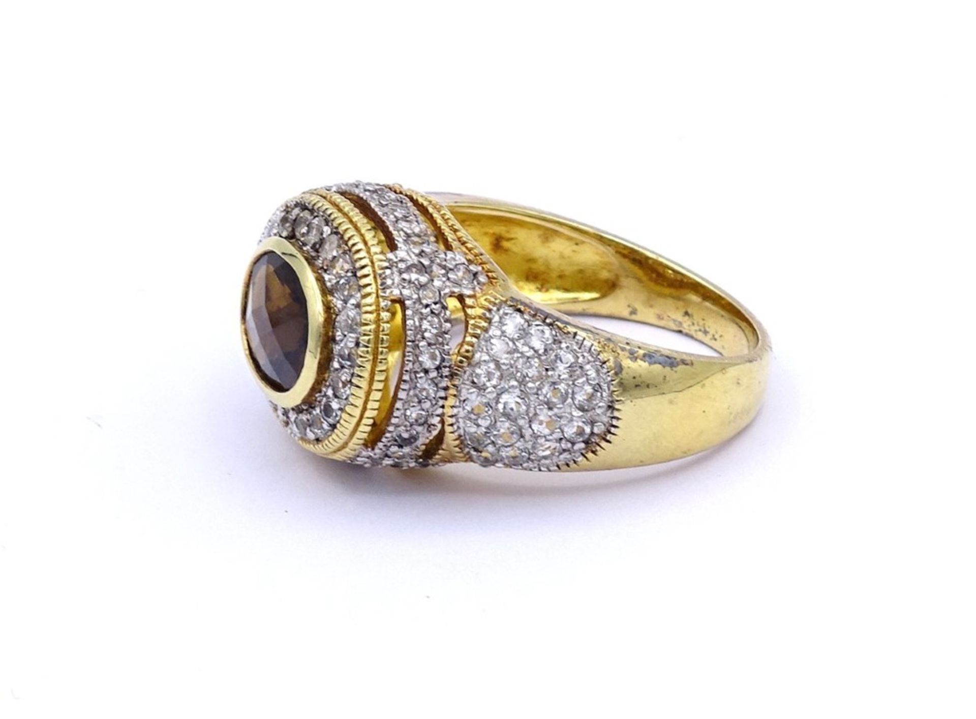 Prachtvoller Silber Ring mit facc.Rauchquarz und rund facc.klaren Steinen,Silber-vergoldet, 925/000, - Bild 3 aus 3