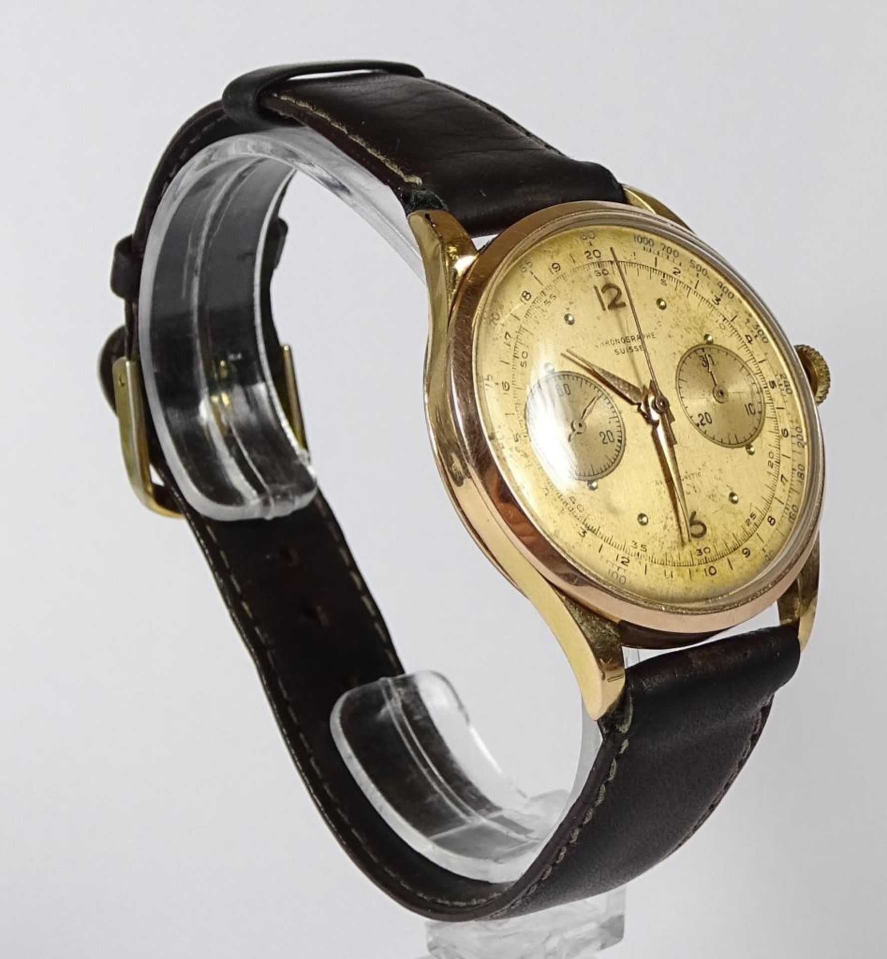 *HAU "Chronographe Suisse",Gold 750/000, mechanisch,Werk läuft,Deckel und Lünette Gold,d-36 - Bild 2 aus 10