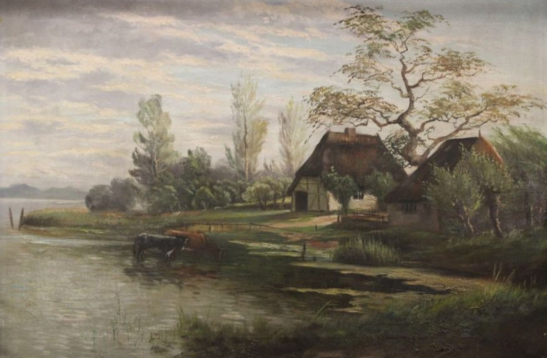 O.Krejza Hbg. 1909, Gehöft am See, Öl/Leinwand, gerahmt, RG 65 x 92cm