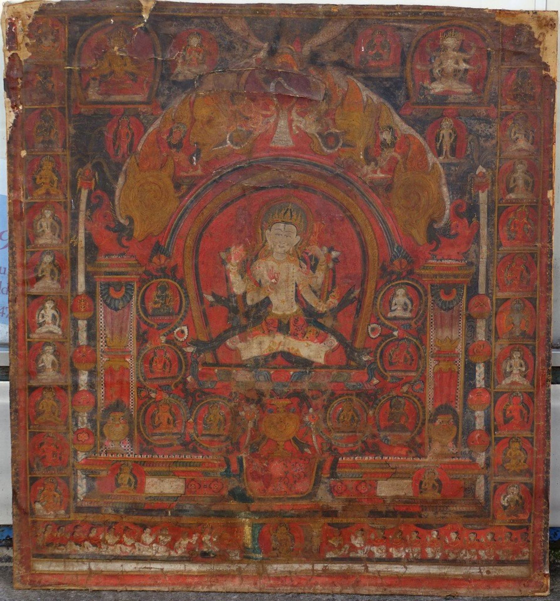 antiker Thangka, wohl Nepal, auf Papier?, Alters-u. Gebrauchsspuren,bzw. stärker beschädigt, stark