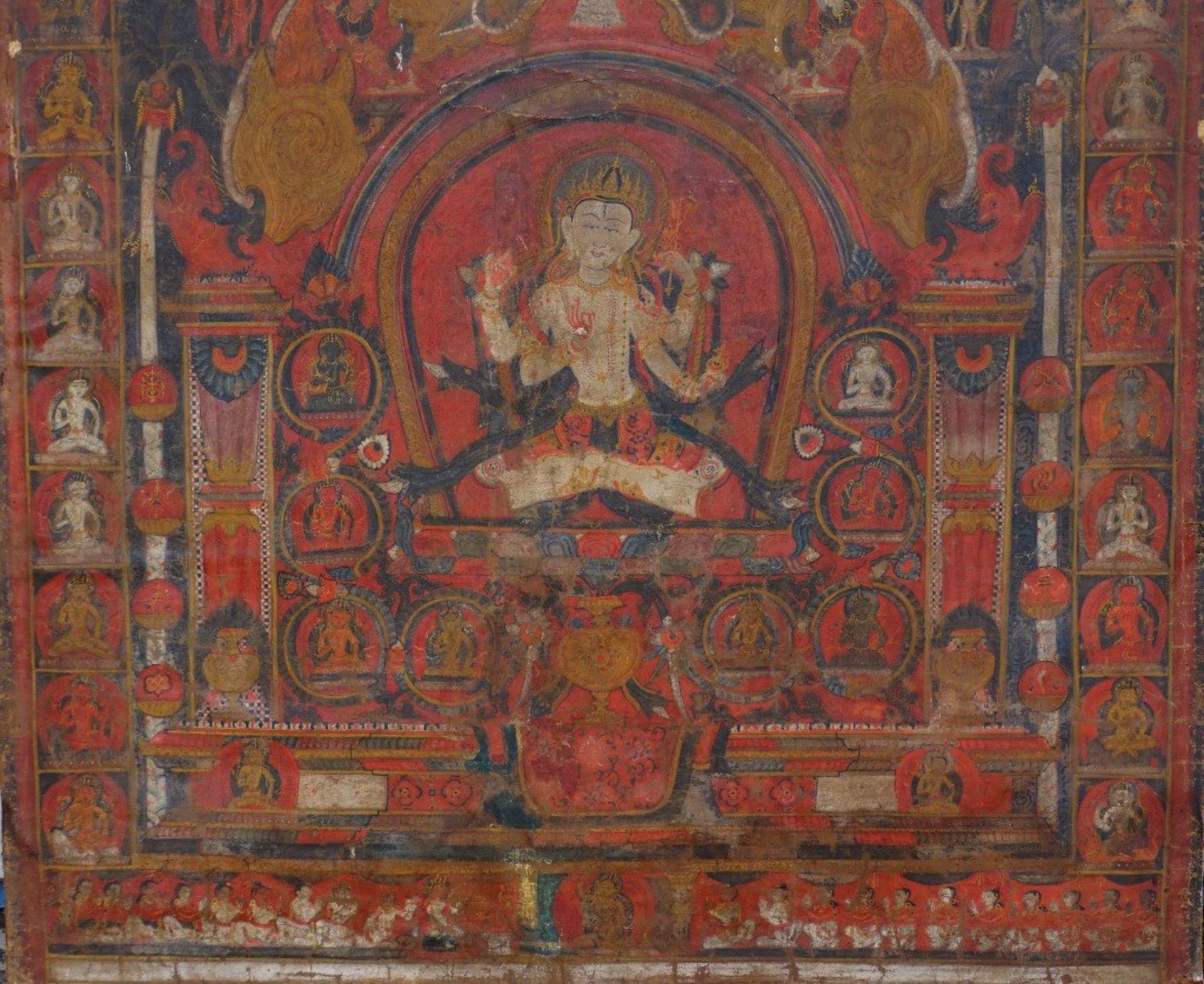 antiker Thangka, wohl Nepal, auf Papier?, Alters-u. Gebrauchsspuren,bzw. stärker beschädigt, stark - Bild 3 aus 10