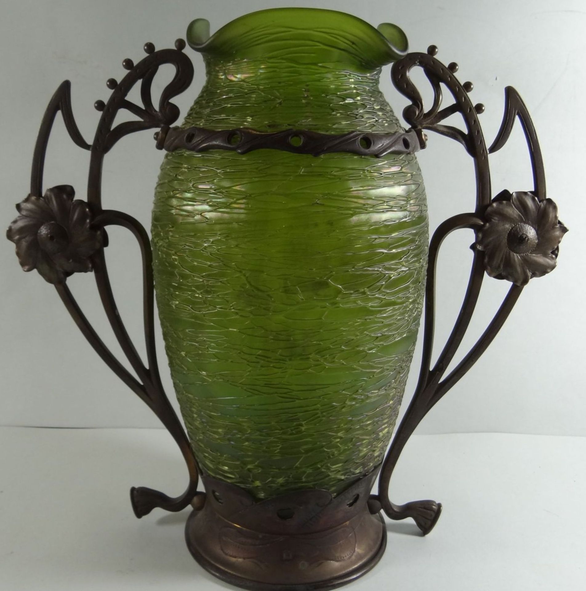 Paar grosse Jugendstil-Vasen mit Bronzemontur, grün, H-30 cm, B-30 c - Bild 3 aus 9