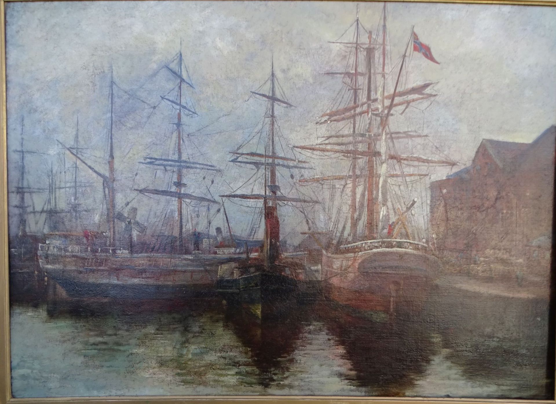 anonym, Segelschiffe im Hafen, Öl/Leinen, alt und beschädigt gerahmt, RG 70x90 cm, um 190 - Bild 2 aus 8