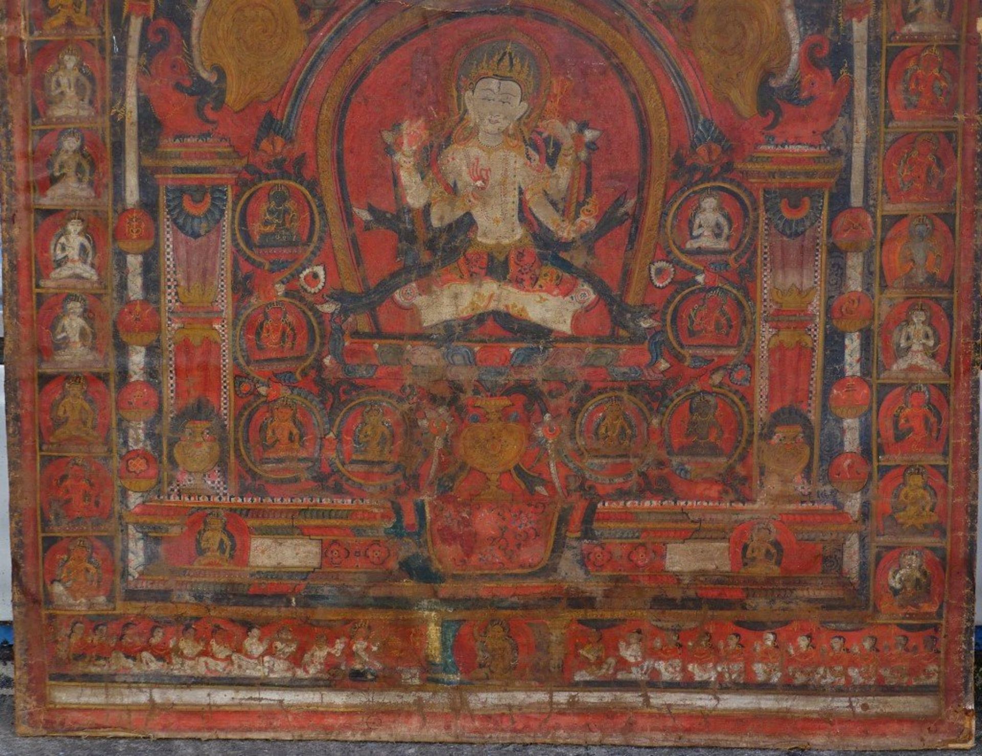 antiker Thangka, wohl Nepal, auf Papier?, Alters-u. Gebrauchsspuren,bzw. stärker beschädigt, stark - Bild 4 aus 10