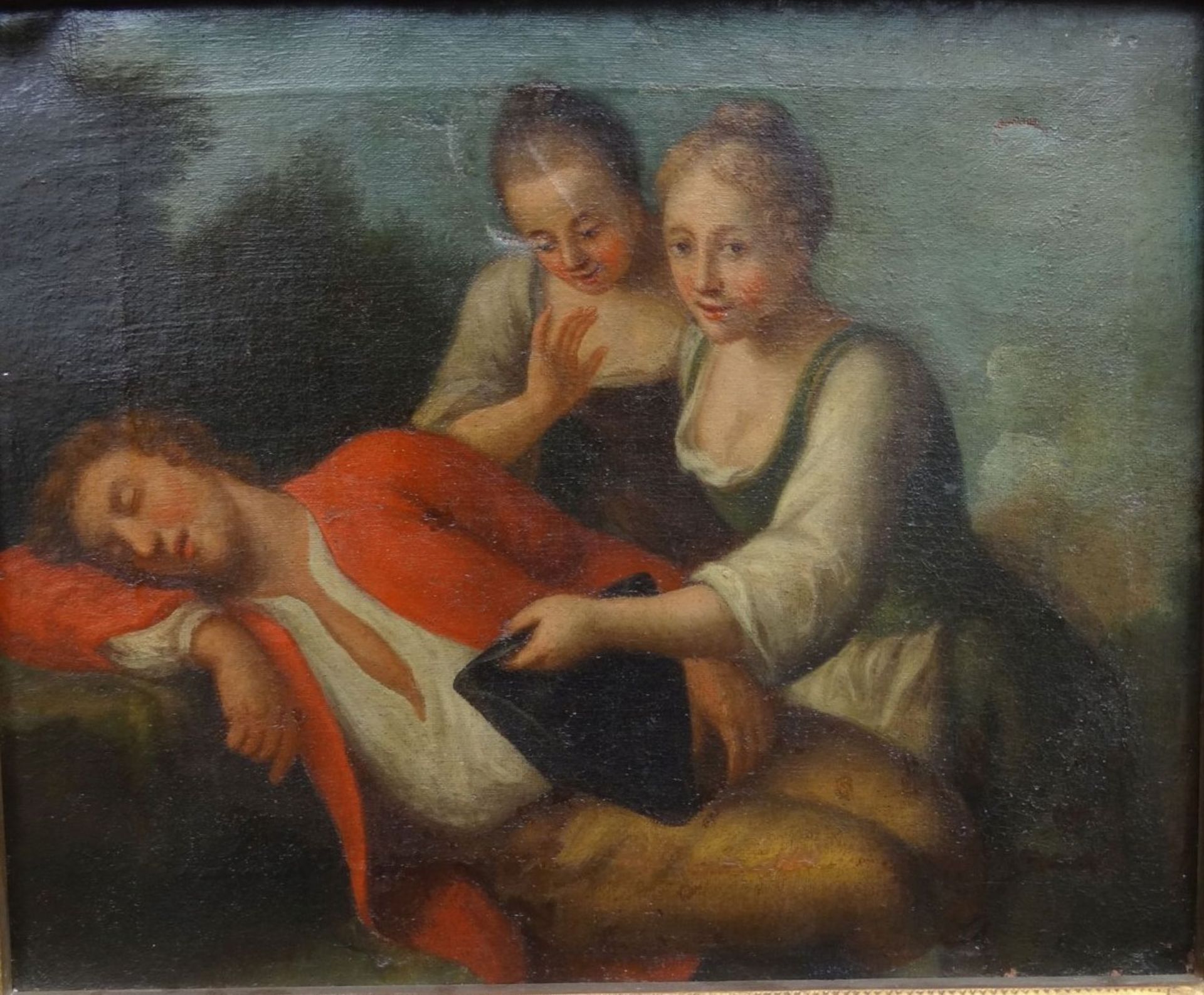 anonymer Altmeister "zwei Mädchen mit Schlafenden" Öl/Leinen, restaurierungs bedürftig, gerahmt, - Bild 2 aus 5