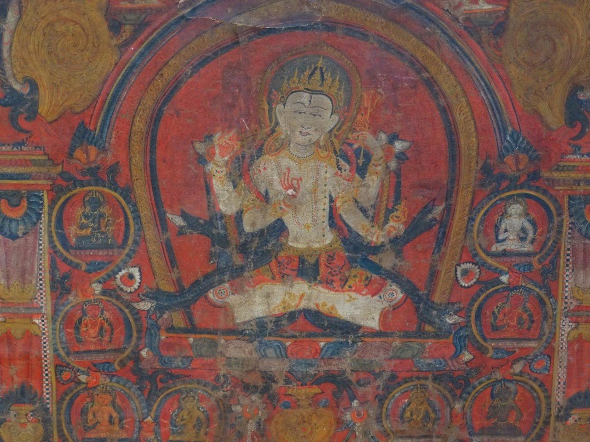 antiker Thangka, wohl Nepal, auf Papier?, Alters-u. Gebrauchsspuren,bzw. stärker beschädigt, stark - Bild 5 aus 10
