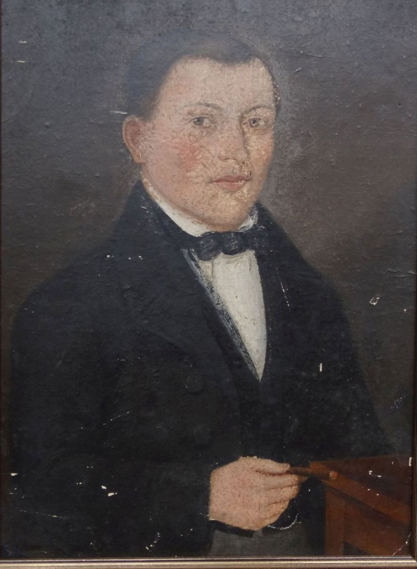 anonymes Portrait eines jungen Mannes um 1880, Öl/Pappe, gerahmt, RG 46x35 cm, Farbabplatze - Bild 2 aus 5