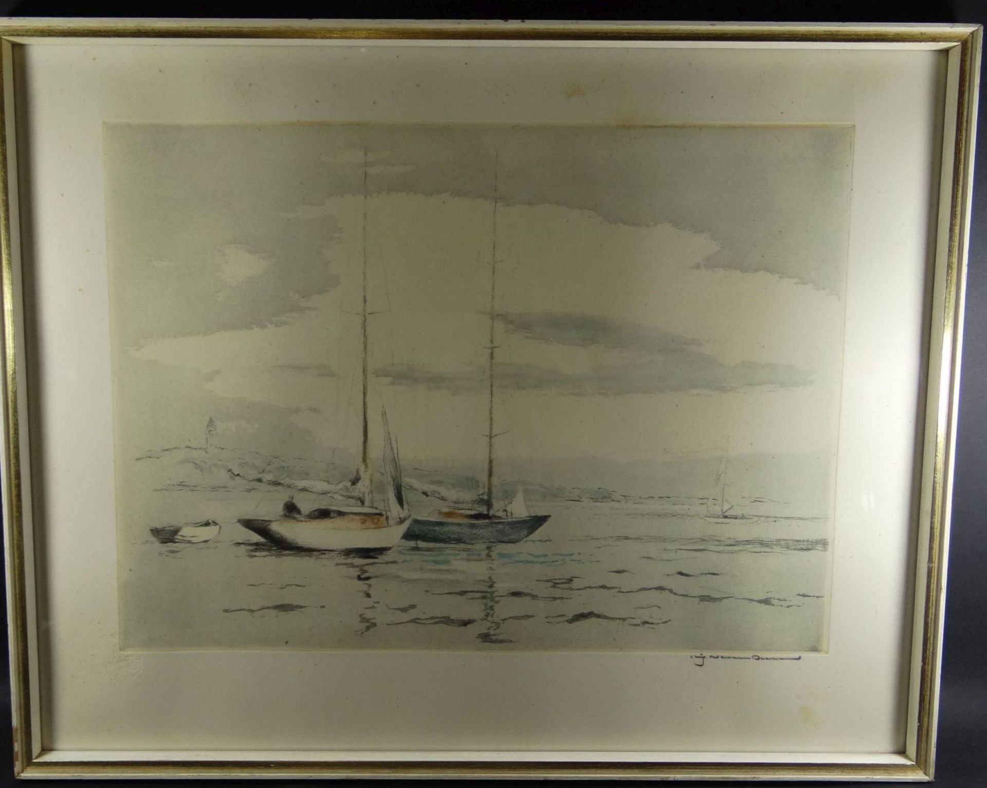 unleserl. signierte Lithografie "Boote" ger/Glas, RG 48x60 cm