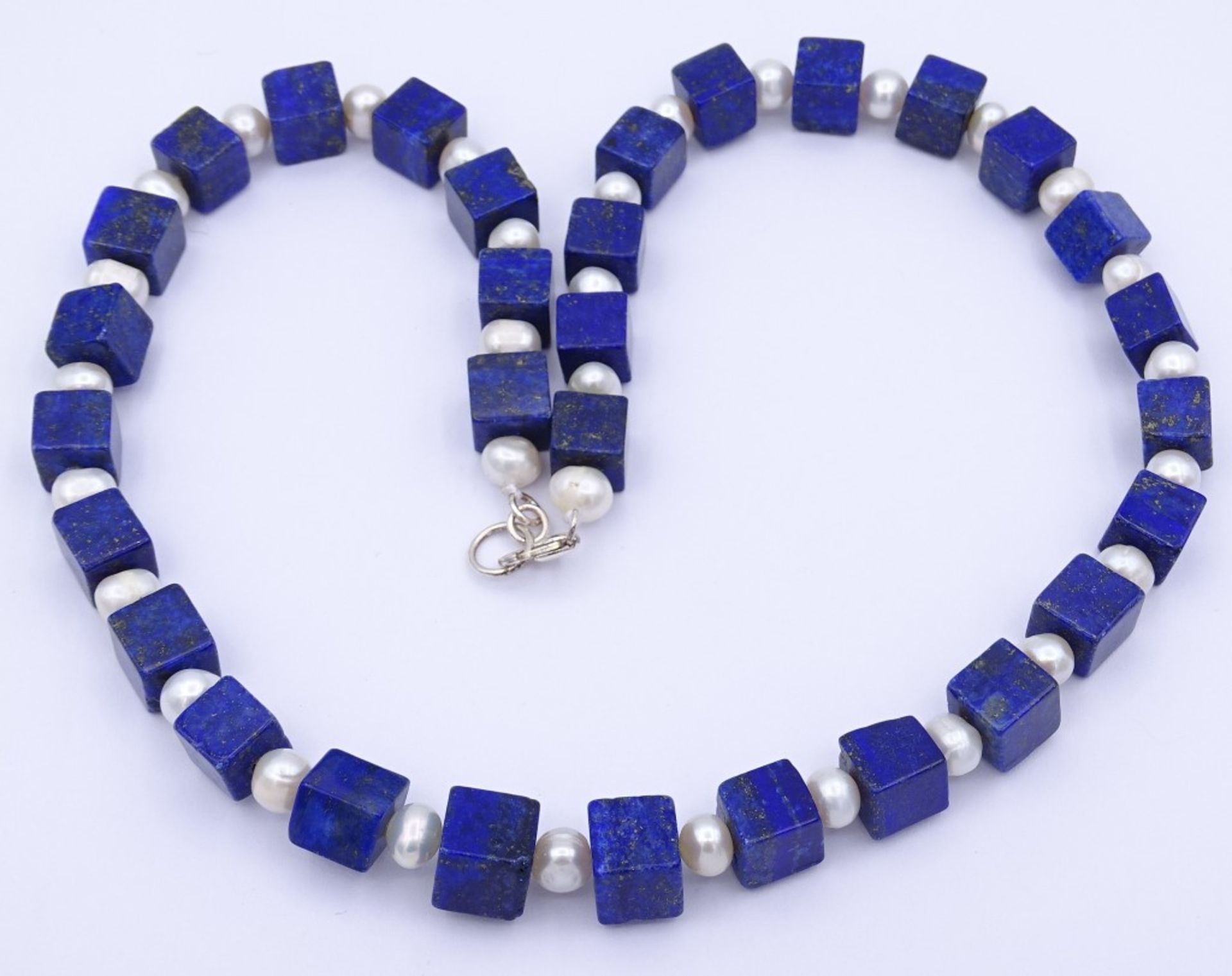 Halskette mit Lapislazuli Würfel und Zuchtperlen Zwischenelemente,Sterling Silber Karabiner - Bild 2 aus 4