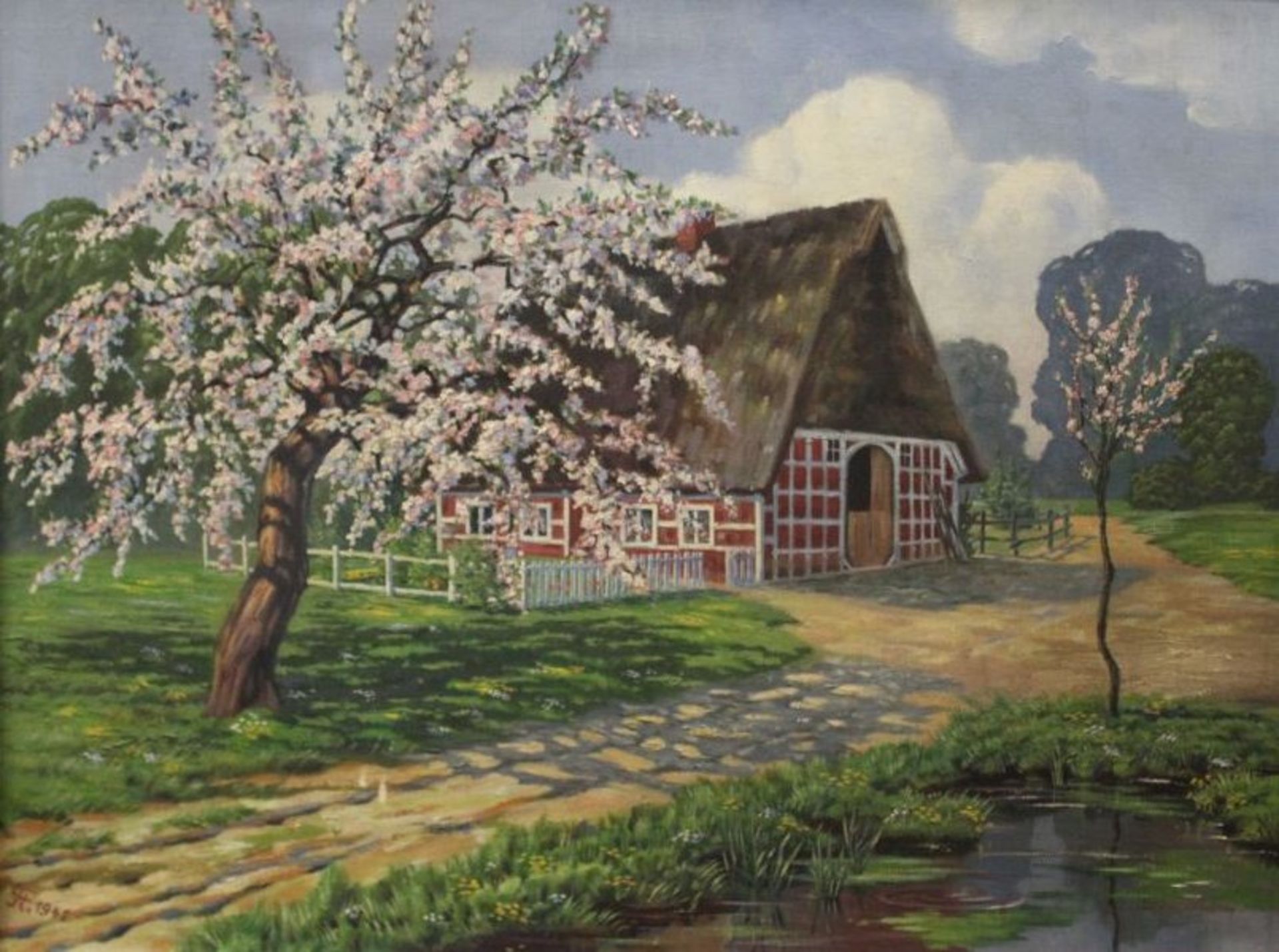 Monogrammist 1941, Gehöft, Öl/Leinwand, restaurierungs bedürftig, gerahmt, RG 73 x 91cm