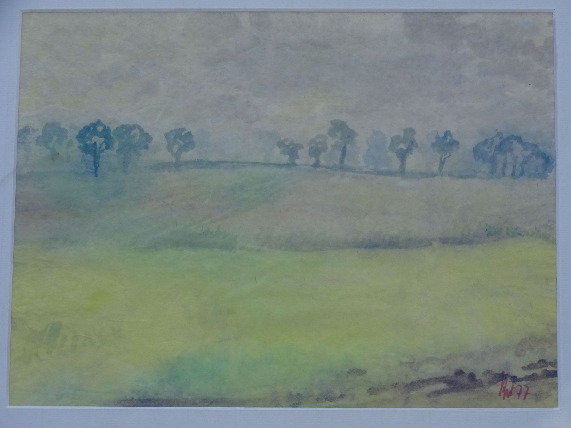 unleserl. signiert, 1977 "Landschaft" Aquarell, ger/Glas, RG 38x45 cm - Bild 3 aus 5