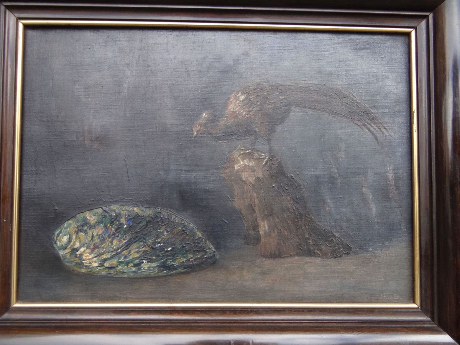 H.o.B. "Vogel auf Baumstumpf"Öl/Leinen, gerahmt, RG 48x60 cm, 19.Jhd