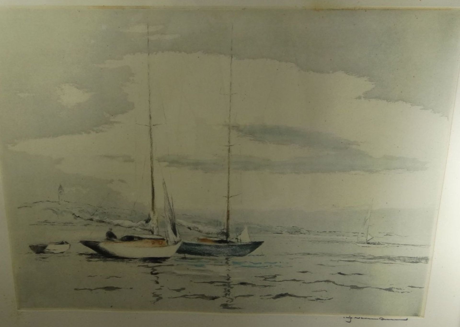 unleserl. signierte Lithografie "Boote" ger/Glas, RG 48x60 cm - Bild 2 aus 4