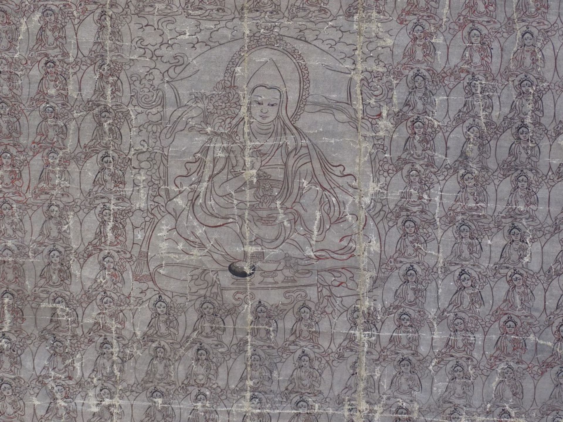 antiker Thangka, wohl Nepal, gezeichnet auf Papier?, Alters-u. Gebrauchsspuren, restaurierungs - Bild 3 aus 9