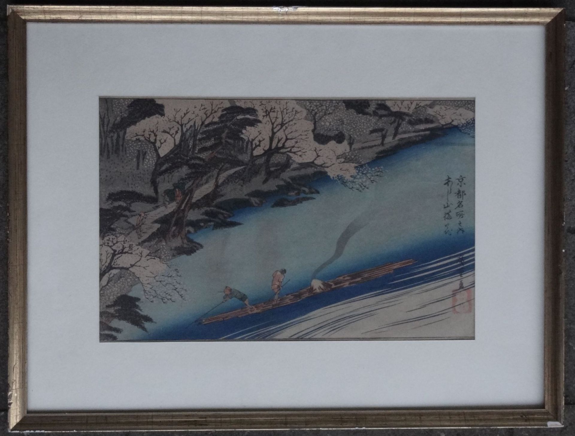 japanischer Farbholzschnitt, Fluss-Szene, ger/Glas, RG 50x38 cm - Bild 2 aus 3
