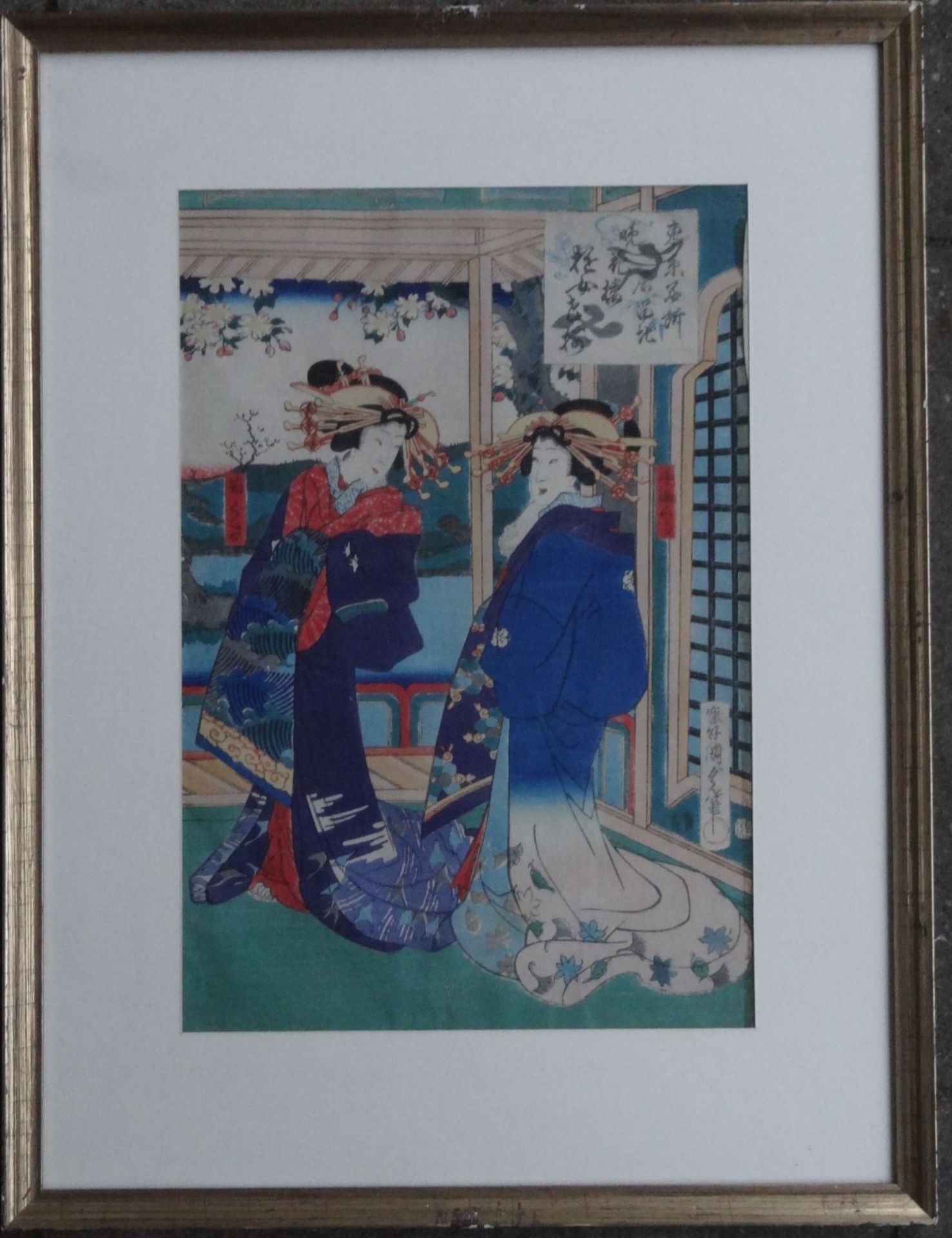 japanischer Farbholzschnitt, zwei Damen, ger/Glas, RG 50x38 cm - Bild 2 aus 4