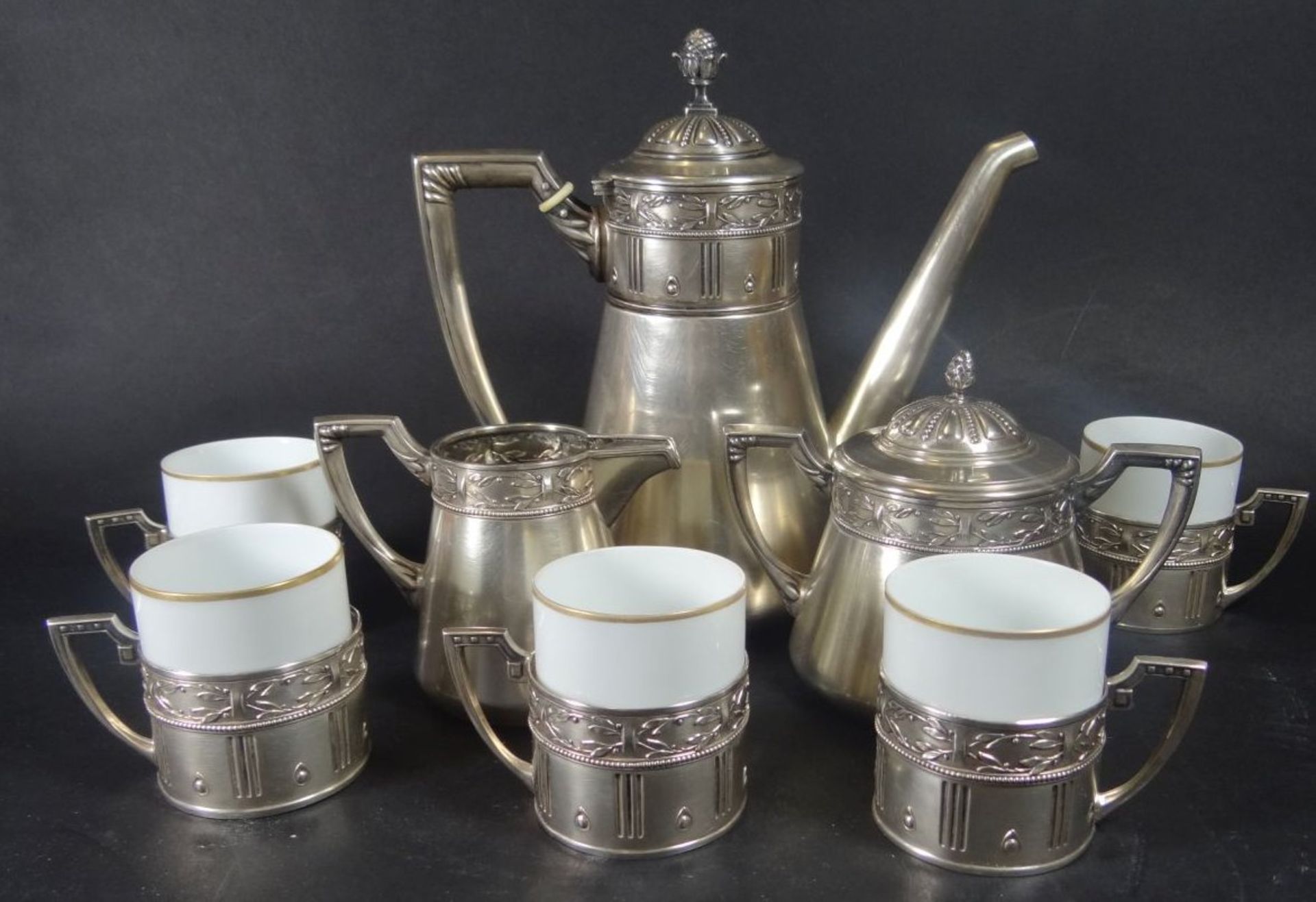 Silber-800- Jugendstil-Kaffeekern mit 5 Tassen, Silbermontur, Kanne H-17,5 cm, Gewicht zus. 830 gra