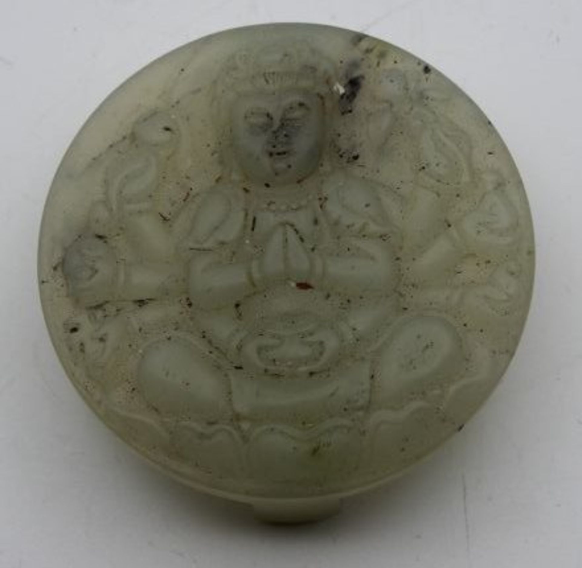 wohl Gürtelschnalle, Jade ?, China, Buddha-Darstellung, D-5,6cm.