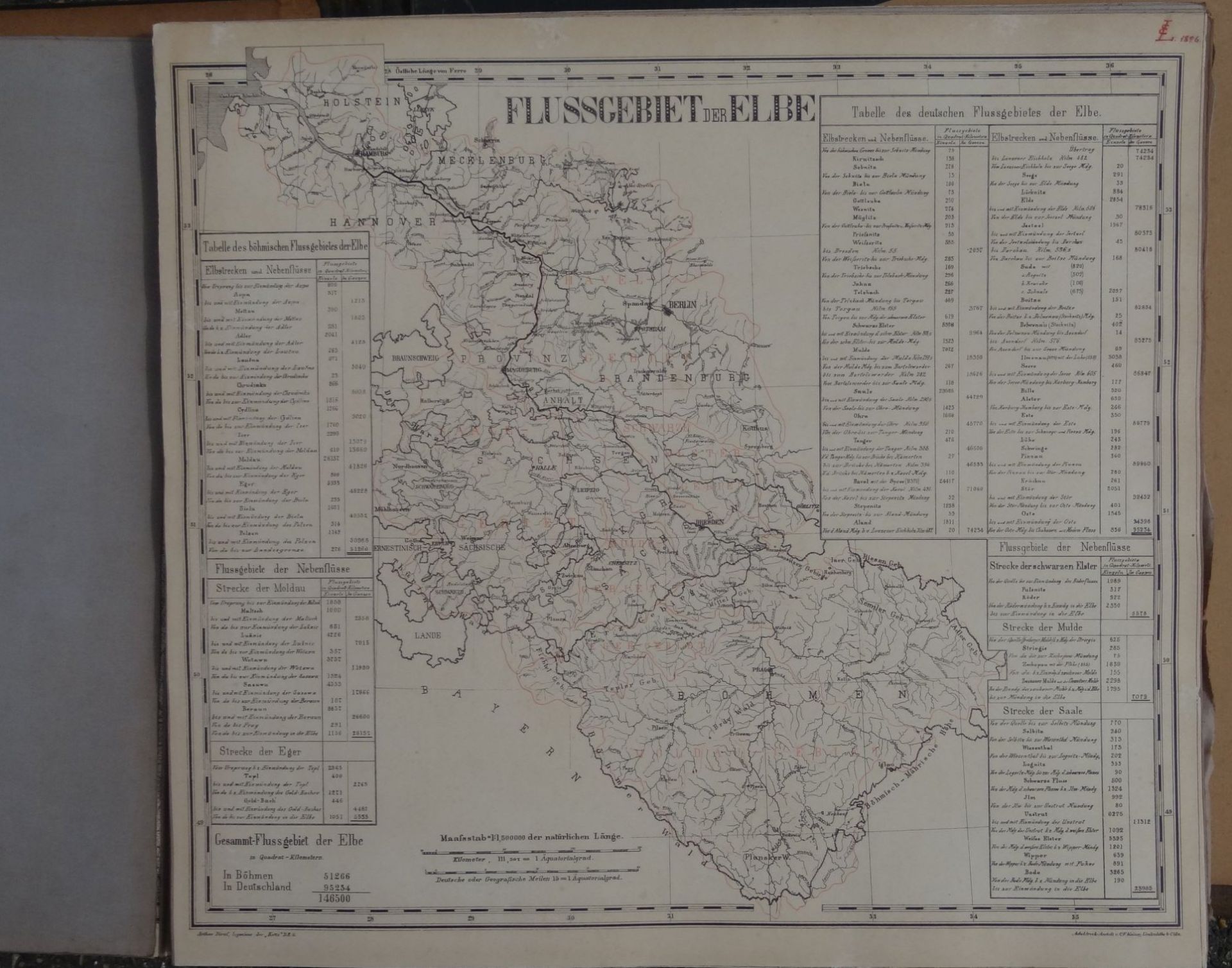 Flussgebiet der Elbe, 1896, Klappkarte (je 45,5x50 cm, 57 Seiten Karten auf Leinen ca. 28,5 m lang! - Bild 3 aus 10