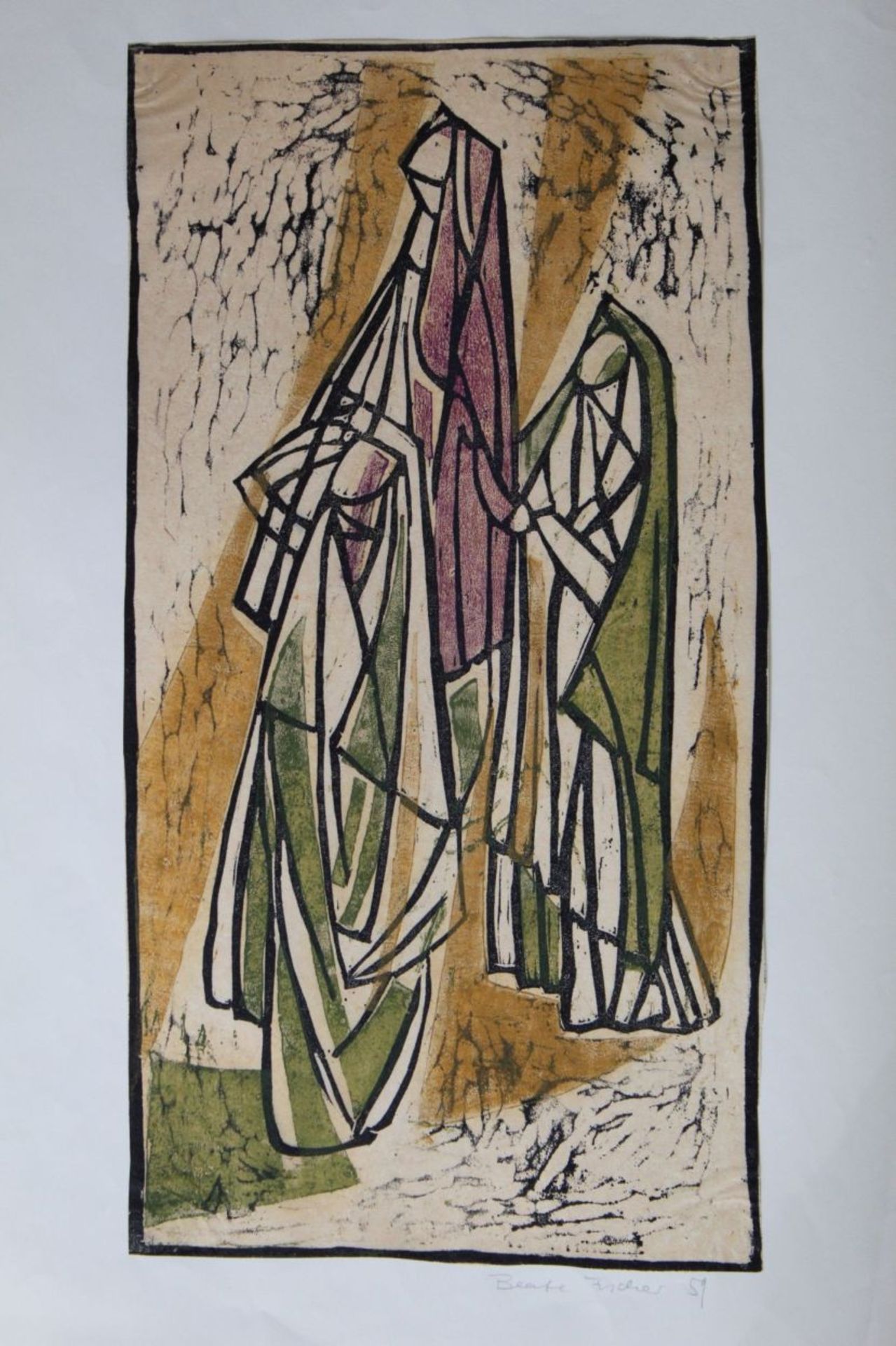 Beate Fischer, 1959, Linolschnit mit Widmung der Künstlerin, Doppelblatt, BG je. 42x30 c - Bild 2 aus 4