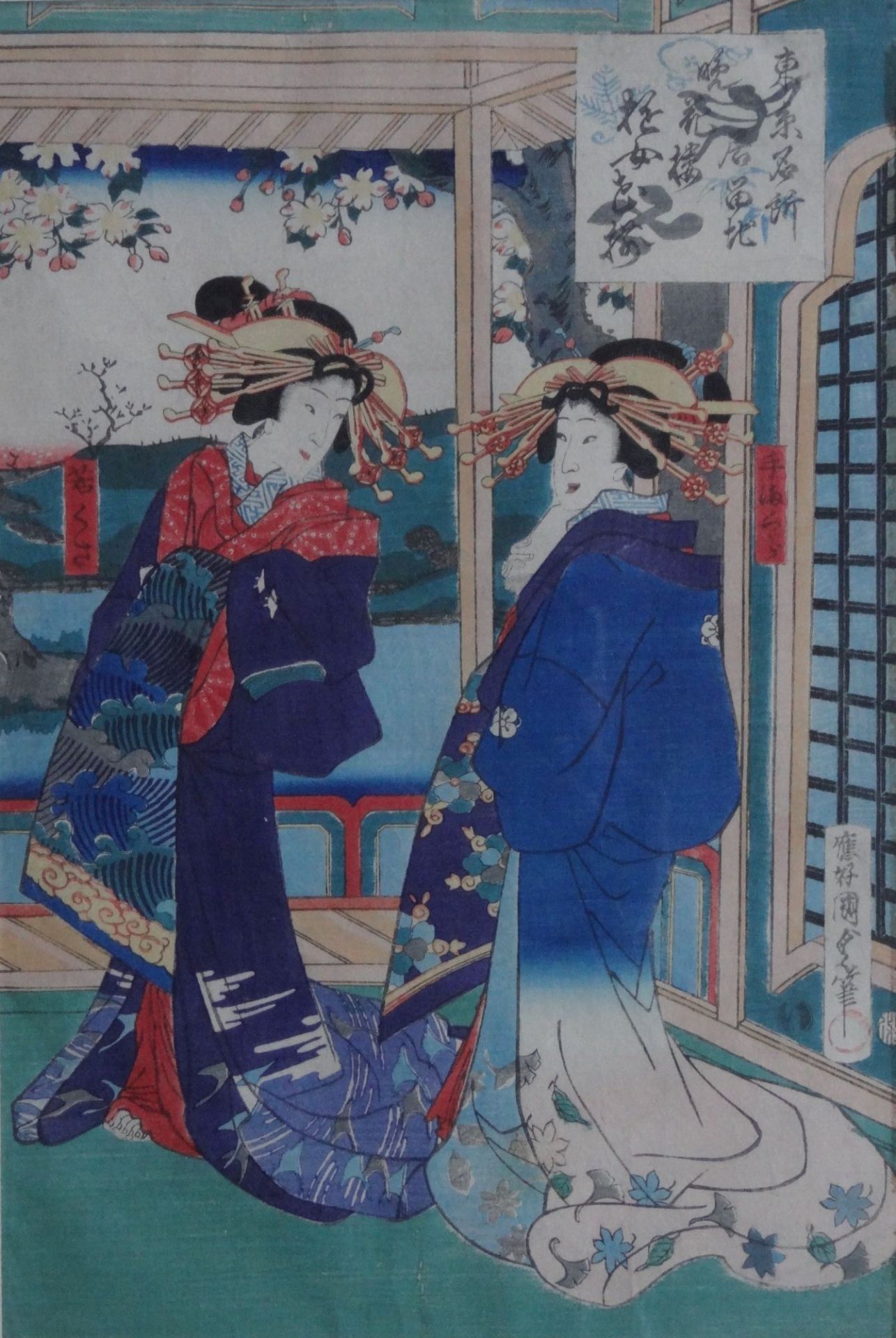 japanischer Farbholzschnitt, zwei Damen, ger/Glas, RG 50x38 cm