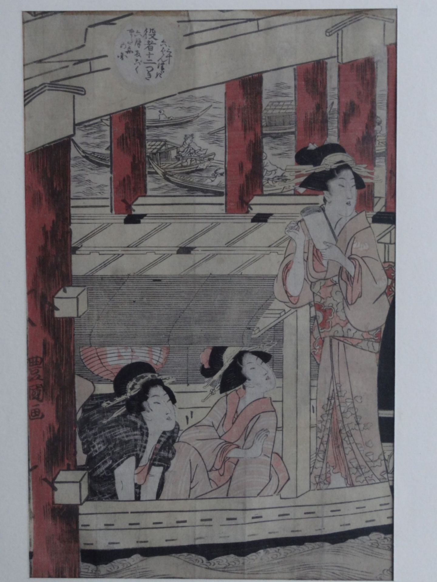 japanischer Farbholzschnitt, drei Damen, ger/Glas, RG 50x38 cm - Bild 3 aus 5