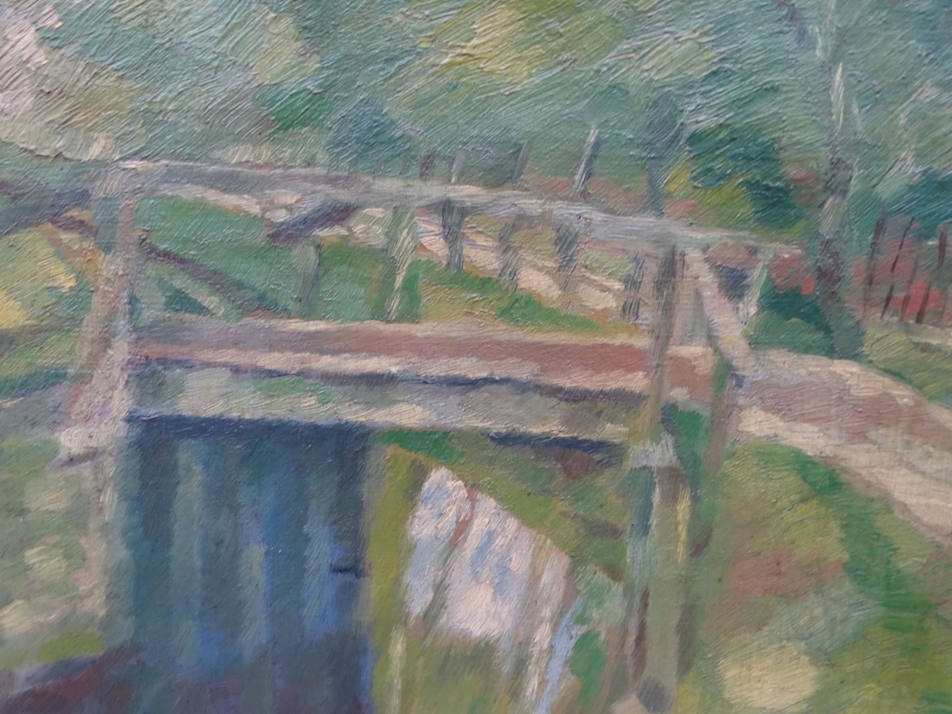 Will SPANIER (1894-1957) 1928 "Moorbrücke bei Worpswede", Öl/Leinen, gerahmt, RG 50x47 cm, Farbab - Image 3 of 5