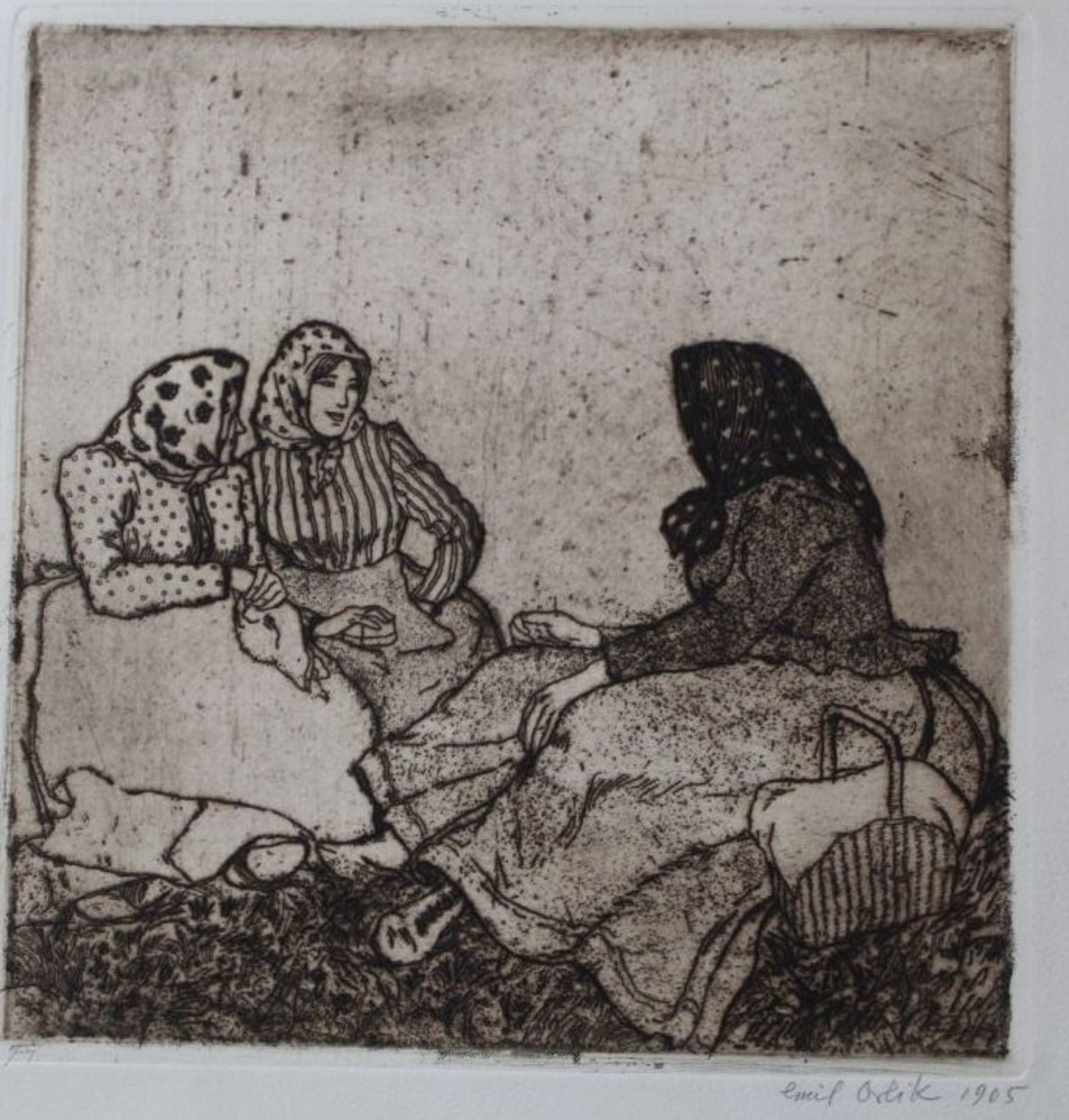 Emil ORLIK (1870-1932), Drei Frauen im Gespräch Radierung, 22 x 21 cm, signiert, BG 38x33 cm, unte