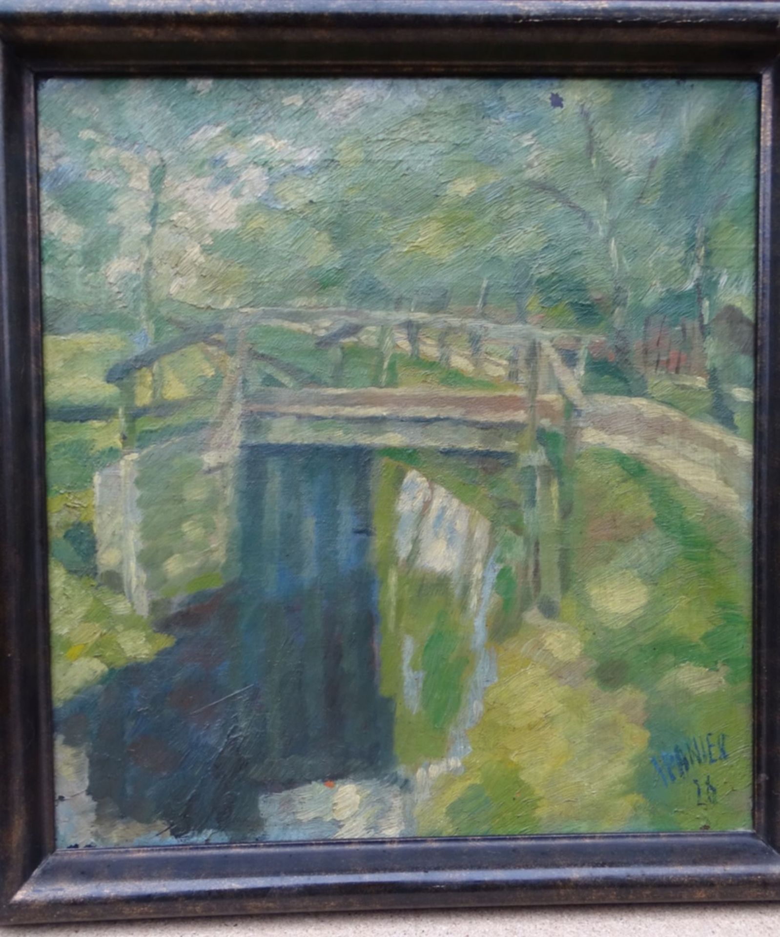 Will SPANIER (1894-1957) 1928 "Moorbrücke bei Worpswede", Öl/Leinen, gerahmt, RG 50x47 cm, Farbab - Image 2 of 5