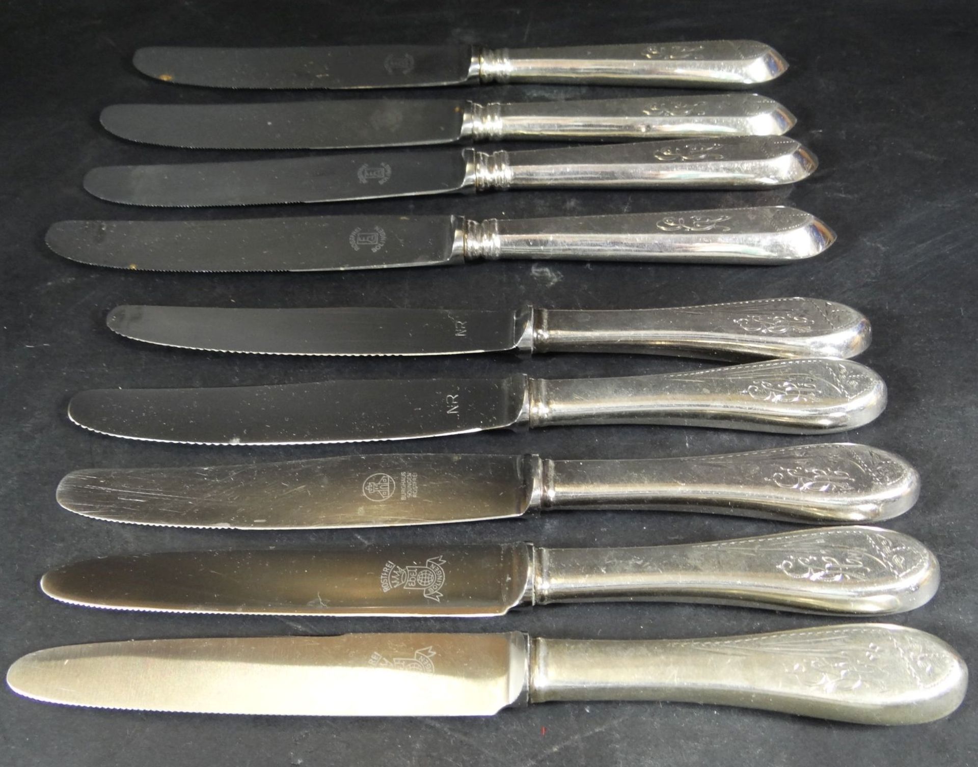 4 grosse, 5 kleine Messer mit Silbergriff-800- und Gravur, L-23.5 und 20 cm,