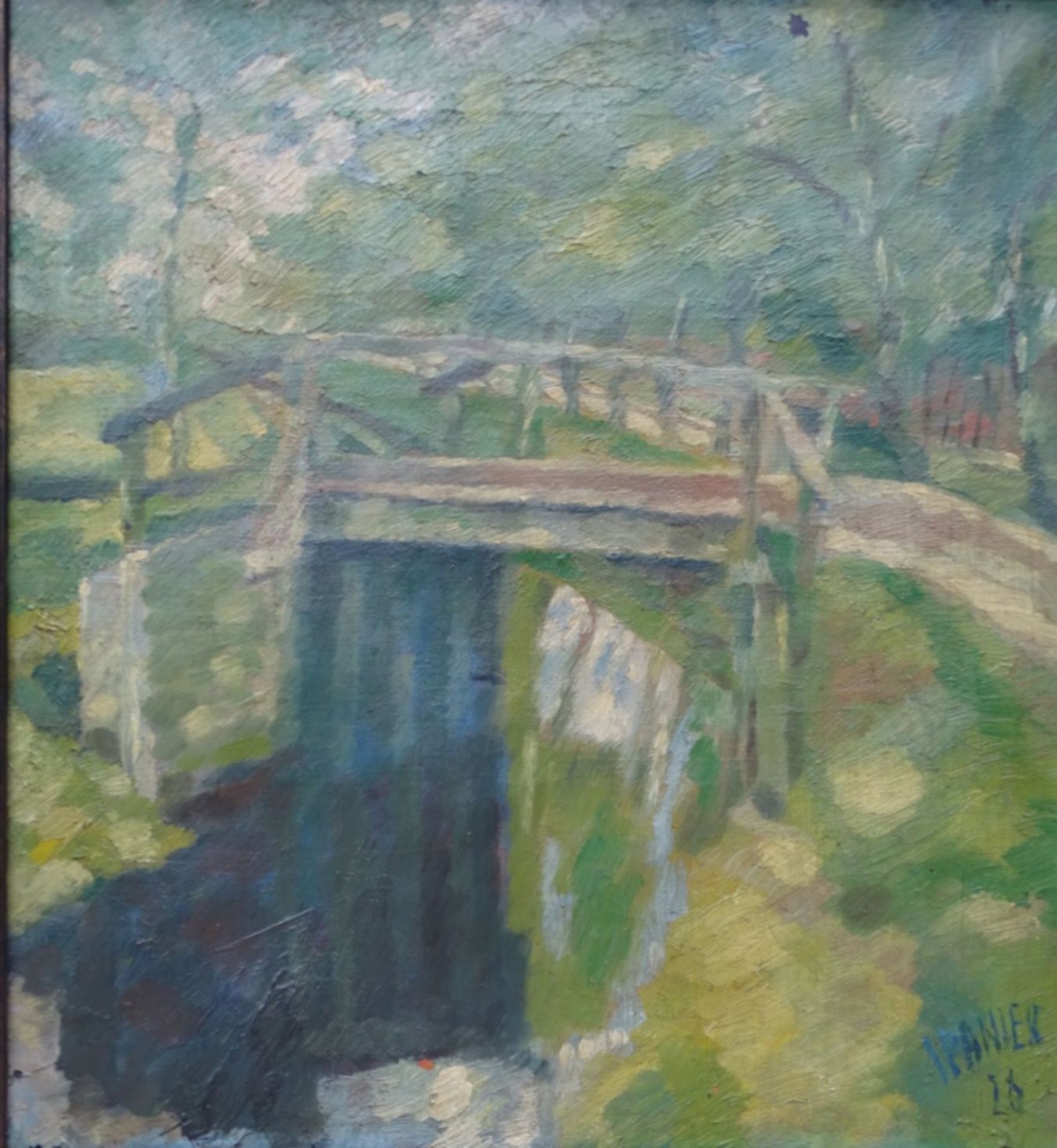 Will SPANIER (1894-1957) 1928 "Moorbrücke bei Worpswede", Öl/Leinen, gerahmt, RG 50x47 cm, Farbab