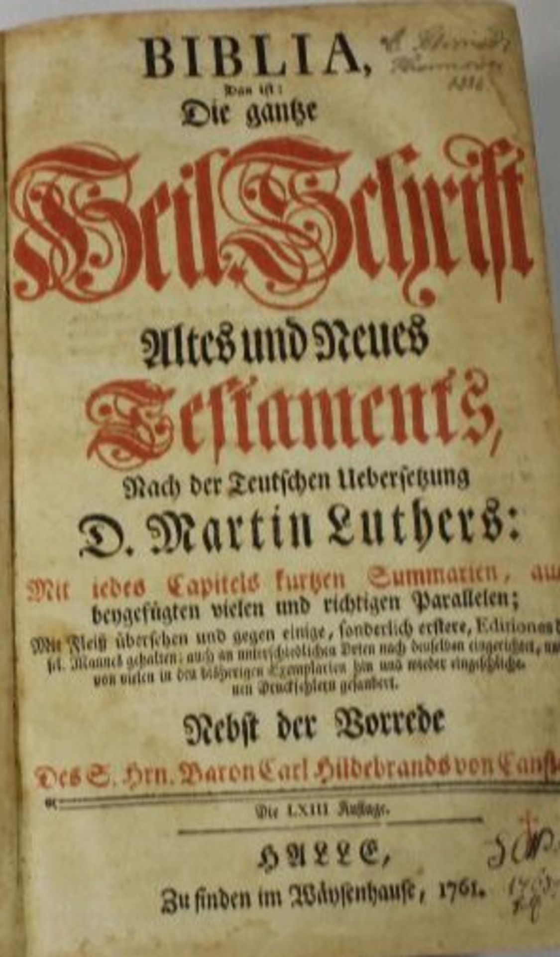 Bibel von 1761, Halle, Alters-u. Gebrauchsspuren. - Bild 3 aus 4