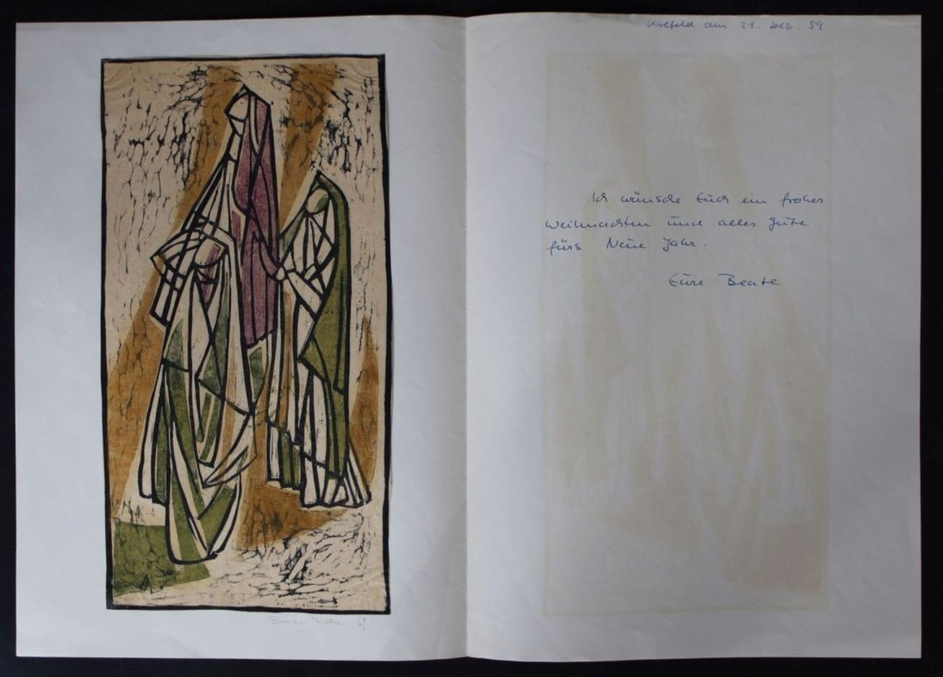 Beate Fischer, 1959, Linolschnit mit Widmung der Künstlerin, Doppelblatt, BG je. 42x30 c