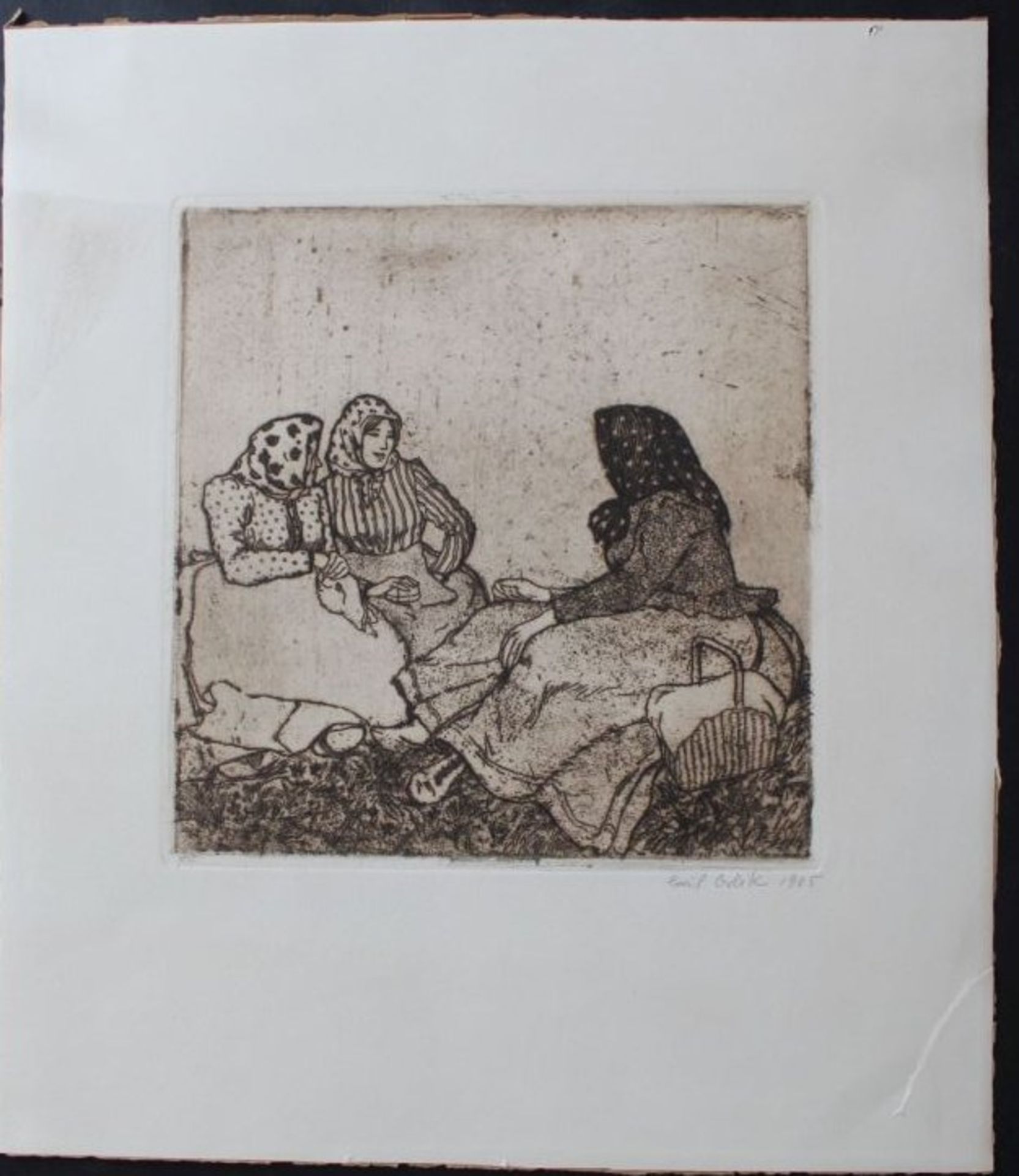 Emil ORLIK (1870-1932), Drei Frauen im Gespräch Radierung, 22 x 21 cm, signiert, BG 38x33 cm, unte - Bild 2 aus 3