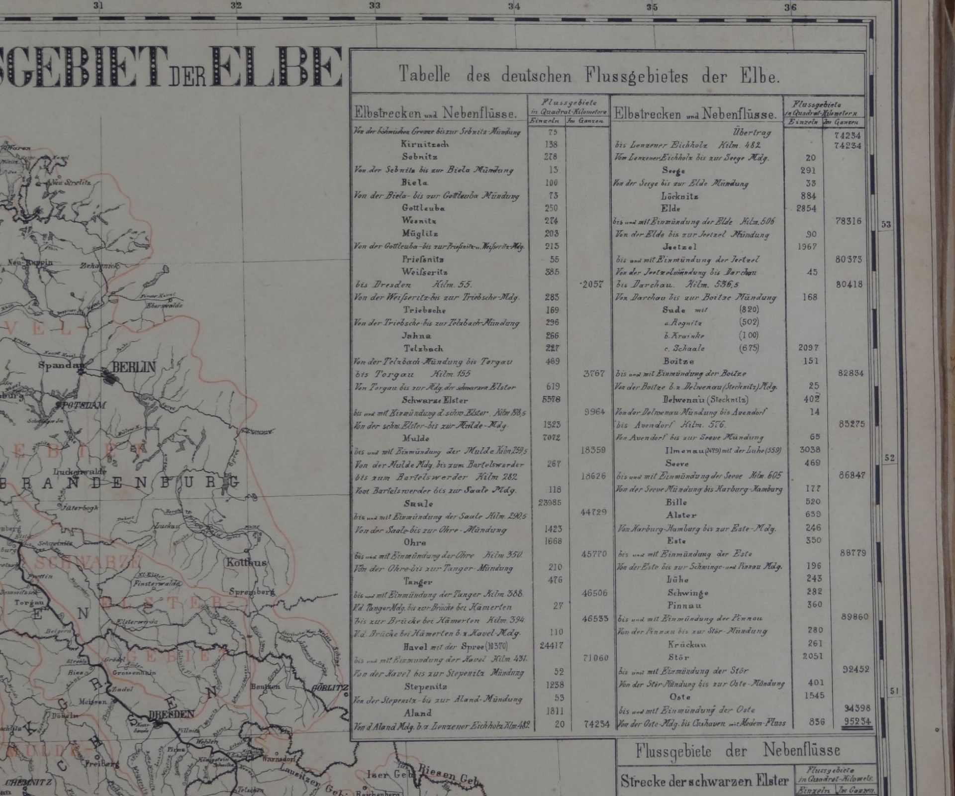 Flussgebiet der Elbe, 1896, Klappkarte (je 45,5x50 cm, 57 Seiten Karten auf Leinen ca. 28,5 m lang!