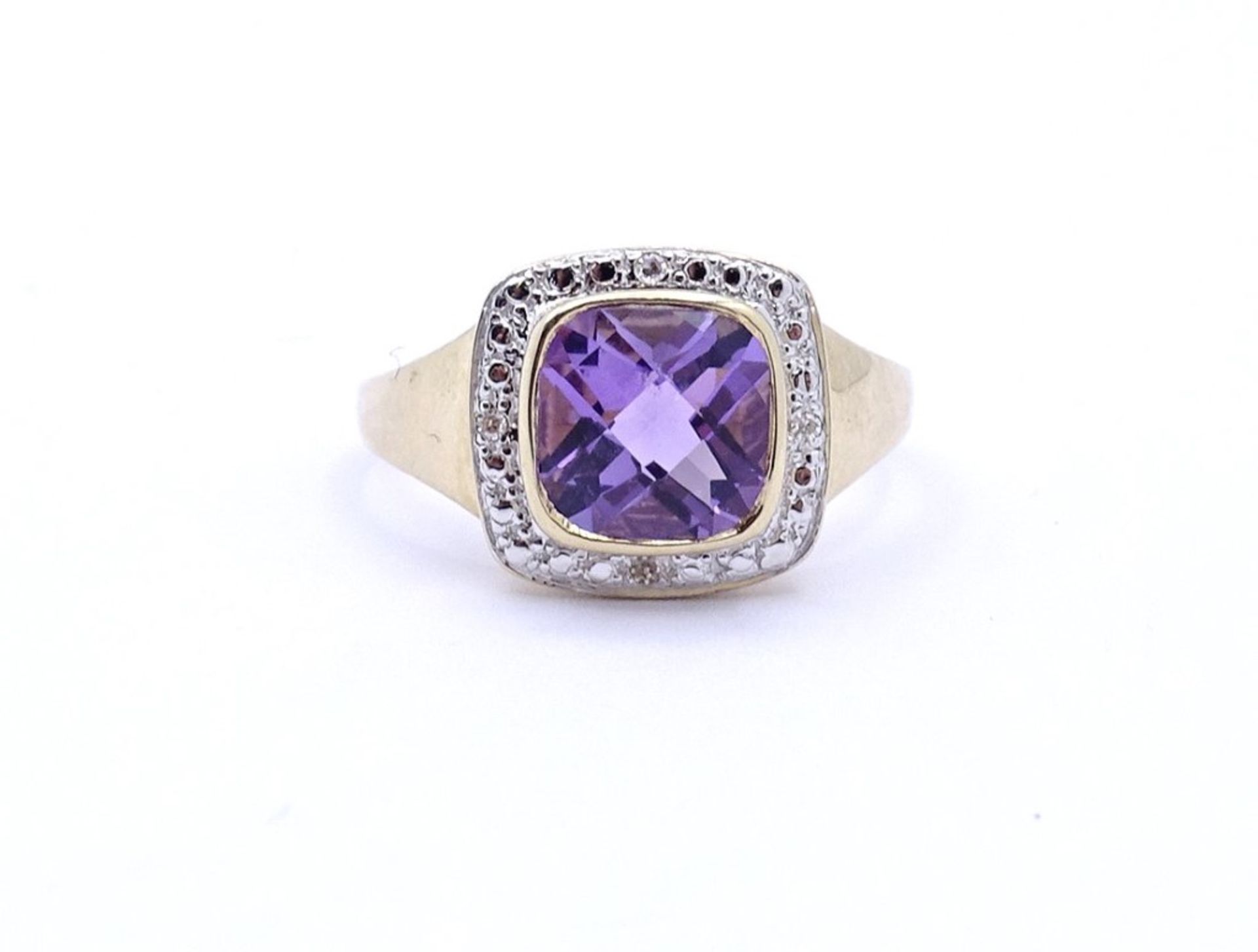 Goldring mit Amethyst und 4 Diamanten, GG 0.375, 3,2gr., RG 57 - Bild 2 aus 4