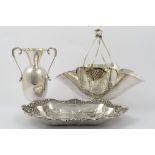 Lot of a basket, a tray and an amphora in silver metal