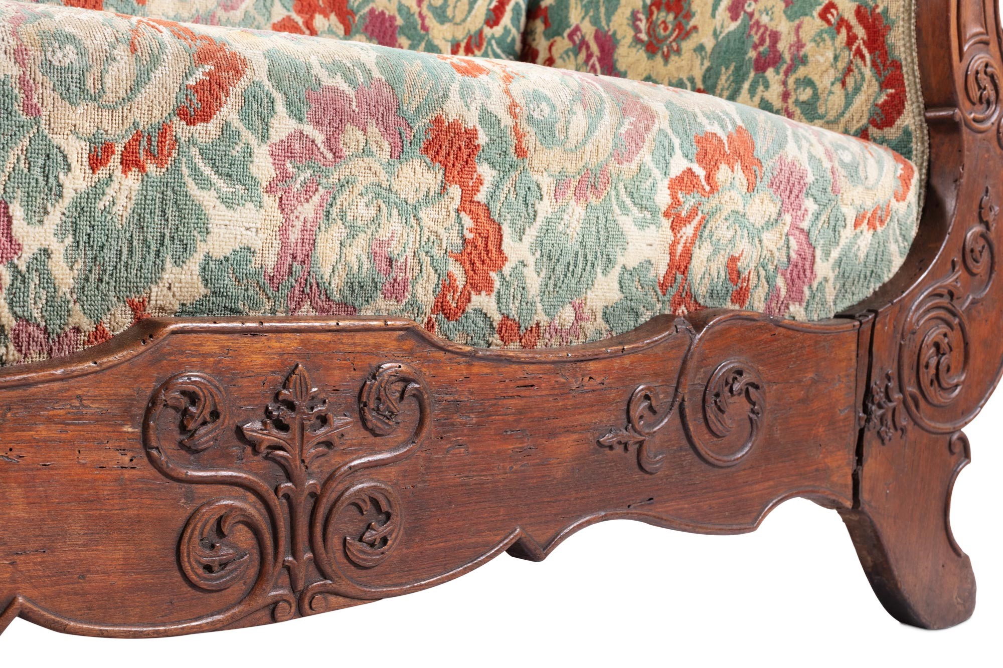 Walnut wood sofa manifacture ligure, mid 19th century, shaped armrests and back, curly feet, - Image 10 of 12