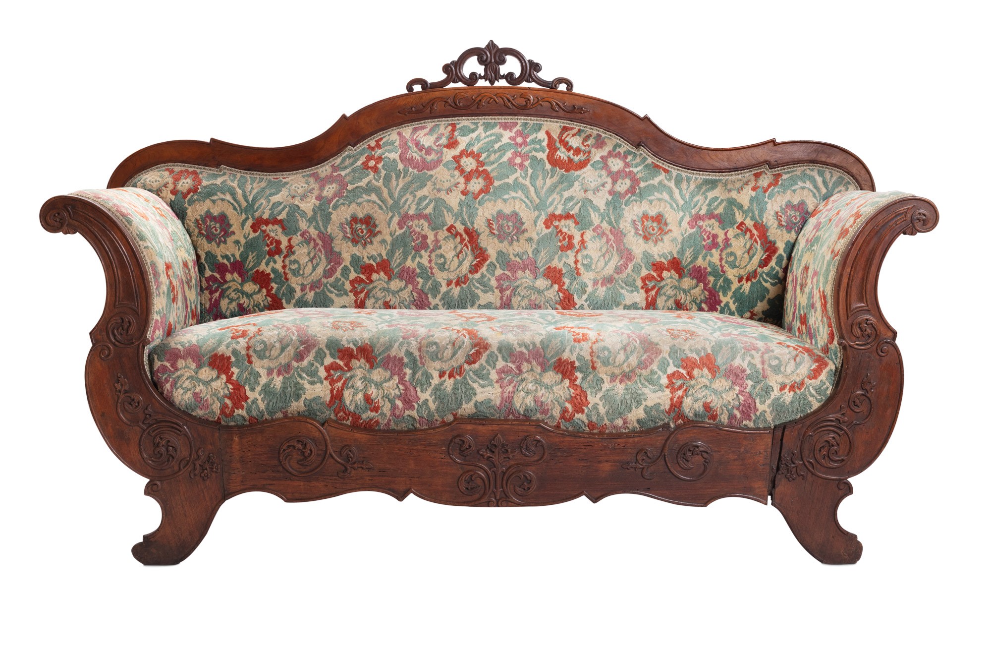 Walnut wood sofa manifacture ligure, mid 19th century, shaped armrests and back, curly feet,