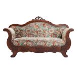 Walnut wood sofa manifacture ligure, mid 19th century, shaped armrests and back, curly feet,