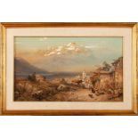 Mountain landscape with figures, houses and animals 20th century, painted in watercolor on paperin