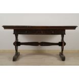 Two drawers walnut writing deskToscana, early 18th century, legs ace of cups, defects and