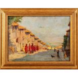 Glimpse of the country with figures 20th century, oil painting on woodin frame, signed24 x 32 cm