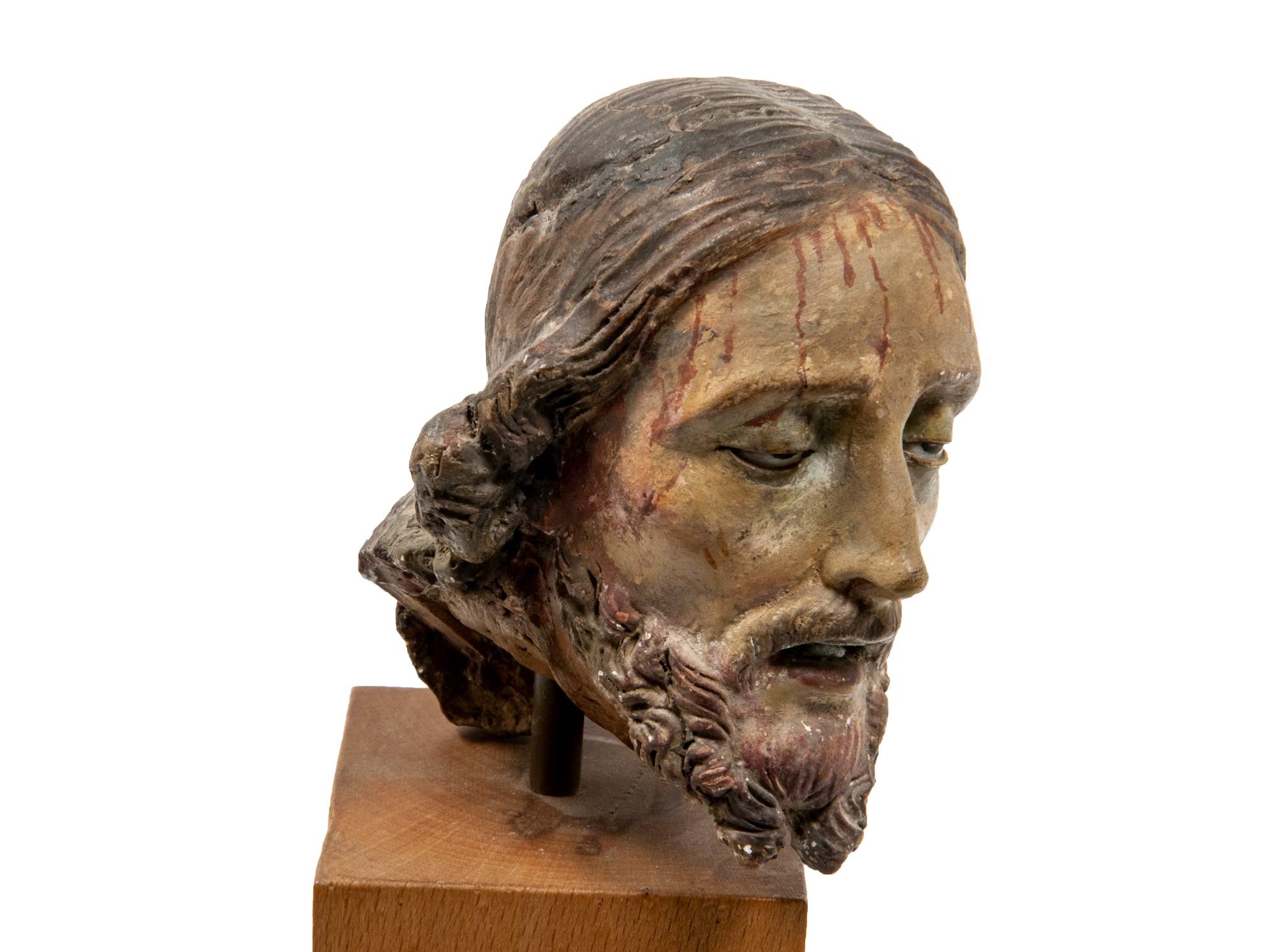 Painted terracotta head of Christ manifacture veneta, 18th century, on the wooden baseh 21 cm - Image 6 of 6
