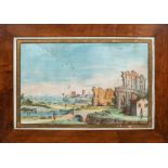 Capriccio with ruins, landscape and gentlemen figures late 19th century, watercolor on paper applied