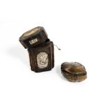 Lot of two wooden and horn boxes early 20th century, one decorated with ivory engraved with oriental