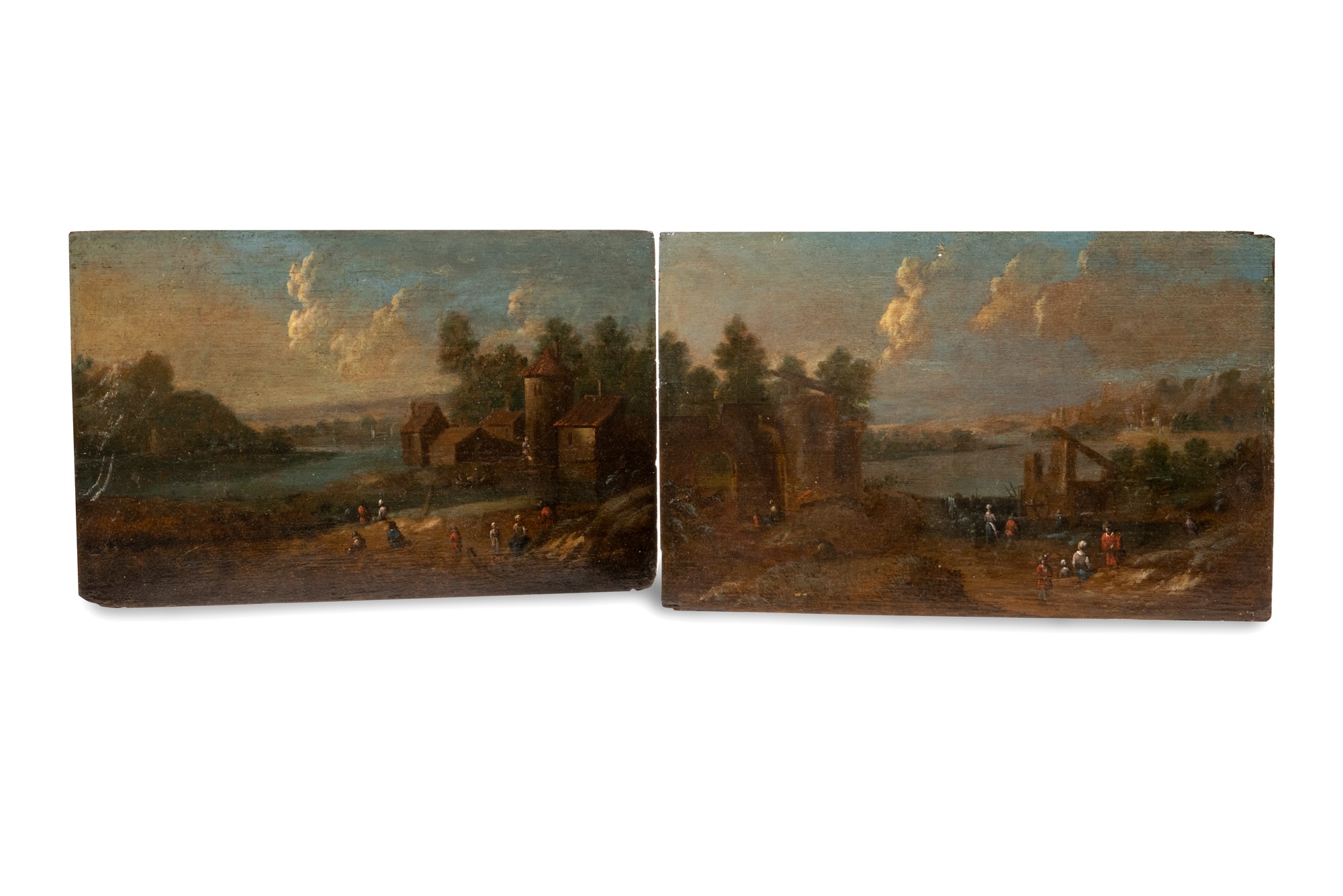 Pair of landscapes with architecture and figures school fiamminga, 17th century, oil painting on