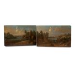 Pair of landscapes with architecture and figures school fiamminga, 17th century, oil painting on