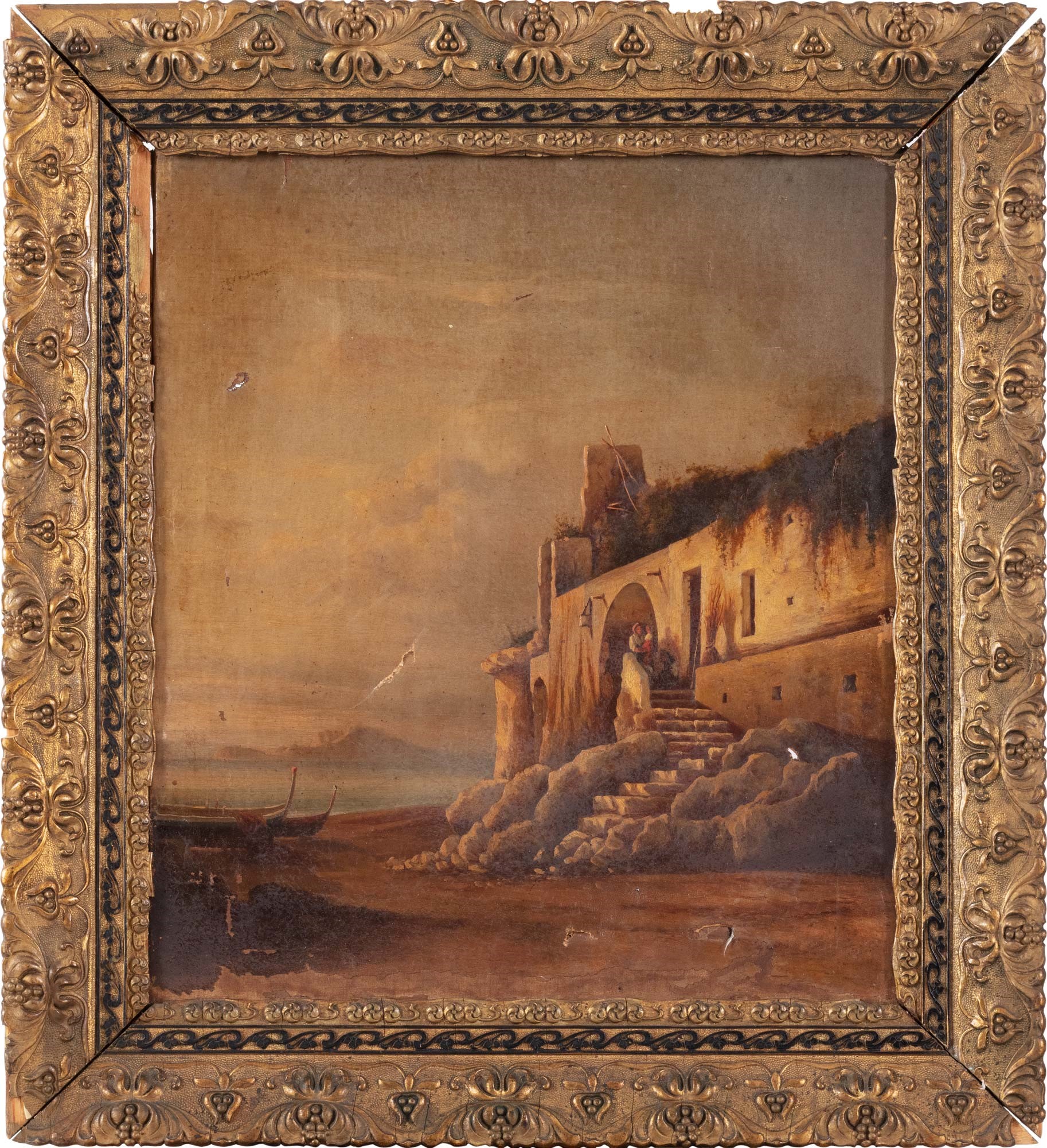 View of the coast with figures late 19th century, oil painting on canvasdrops of color, small